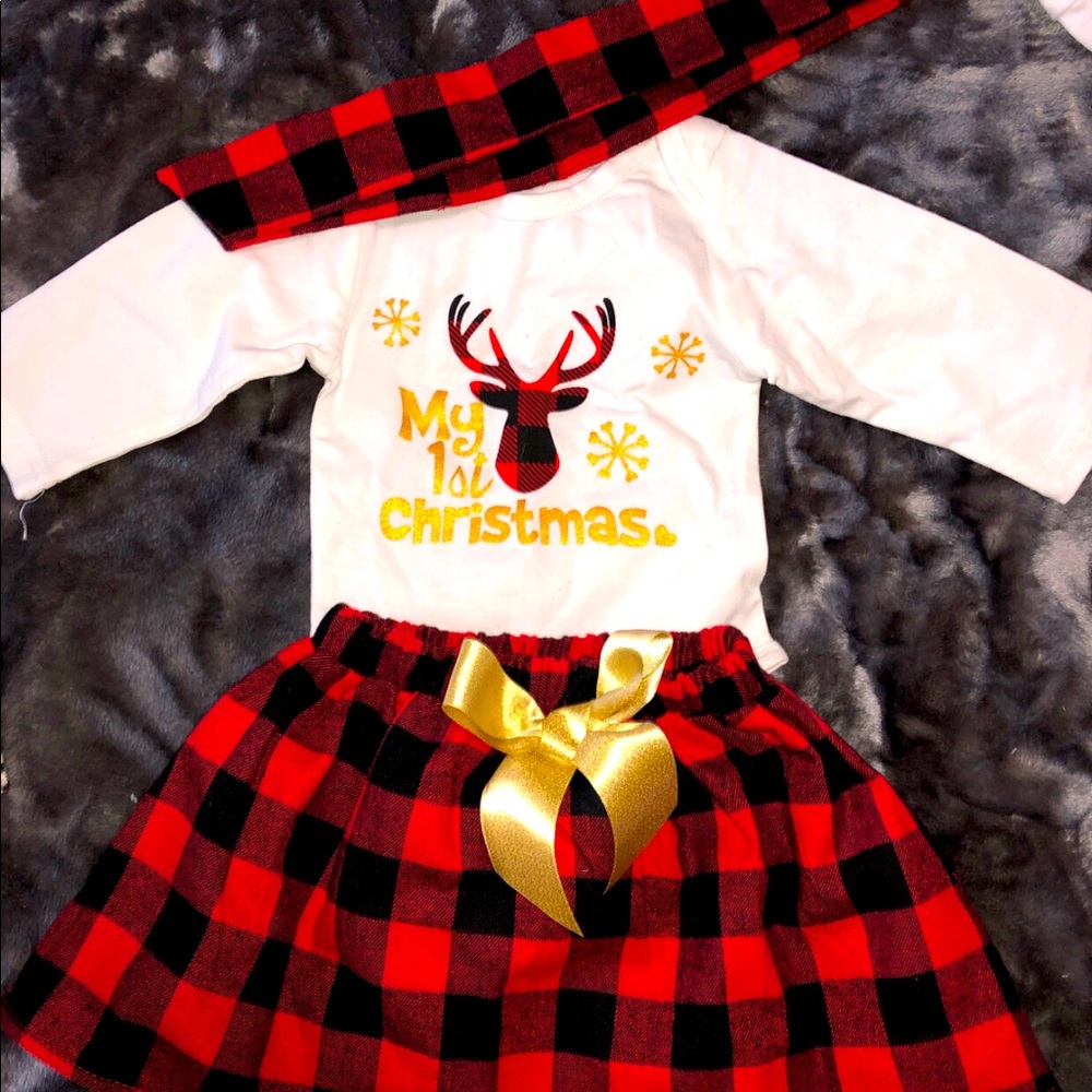 Girls boutique 3-6 months my 1st Xmas onesie skirt headband